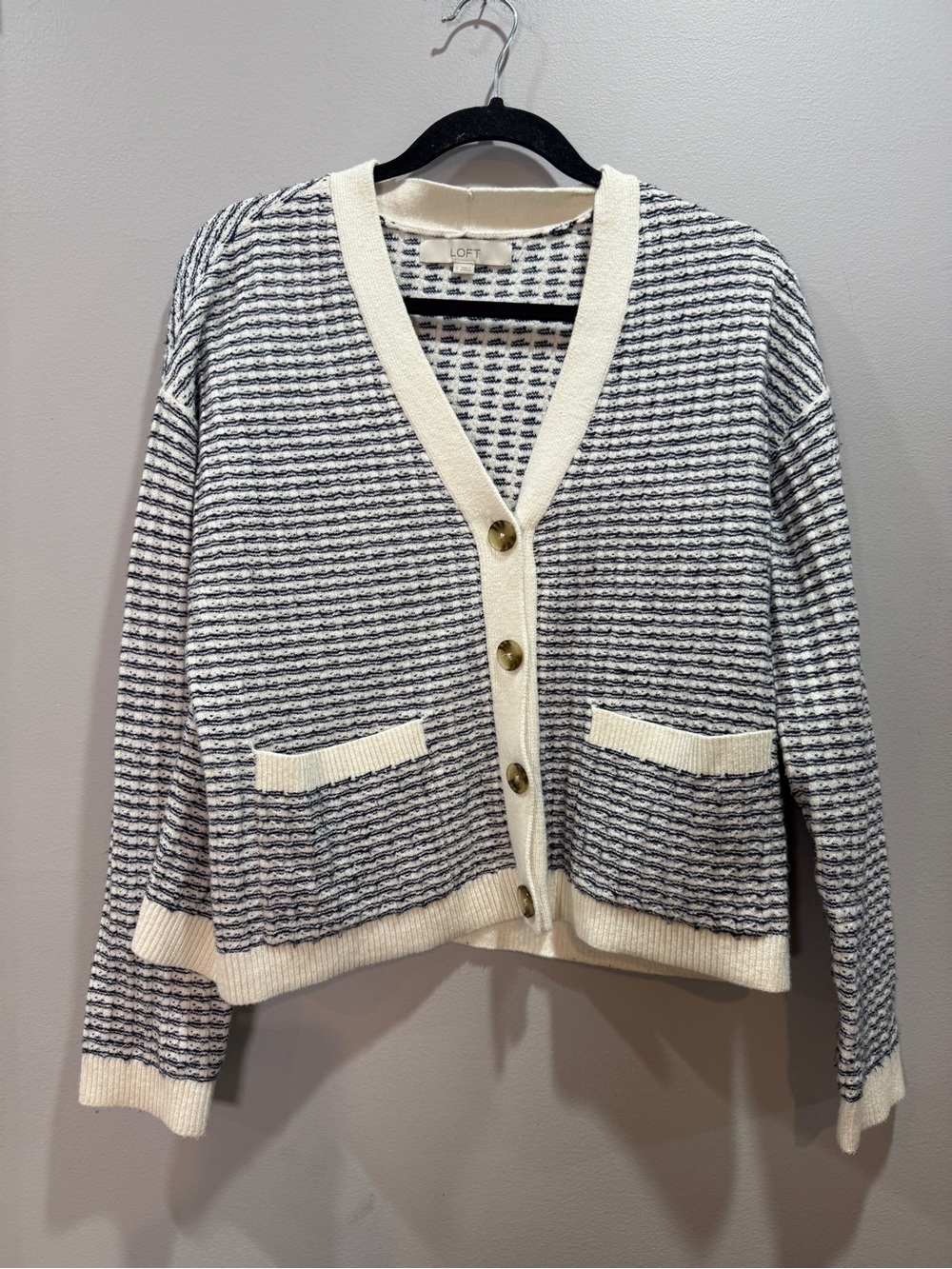 LOFT Navy and Cream Textured Stripe Cropped Cardigan